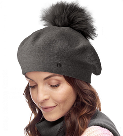 Beret damski zimowy z pomponem, wełniany, Keno, grafit melanż (9032) , 56-59 cm