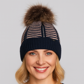 Zimowa czapka damska, żakardowa, Gelna, jodełkowy wzór, granat+róż, 56-58 cm