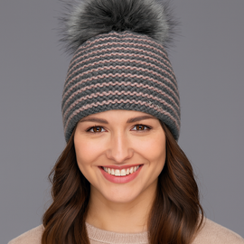 Czapka zimowa damska z pomponem Denisa, szary+beżowy, 55-59 cm