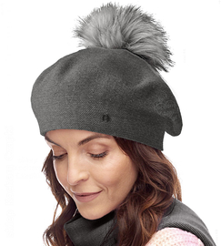 Beret damski zimowy z pomponem, wełniany, Keno, grafit melanż (9032 v2) , 56-59 cm