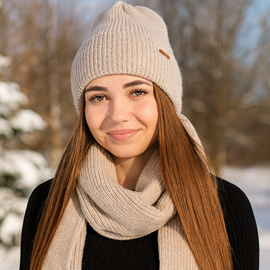 Komplet zimowy damski, czapka i szalik, z wełną merino, Alyssa, beżowy, 56-60 cm