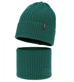 Czapka i komin dla chłopca, na zimę, 100% merino, Mogizzo, zielony, 54-56 cm