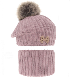 Beret zimowy i komin dla dziewczynki, Lopezja, wrzosowy jasny, 48-51 cm