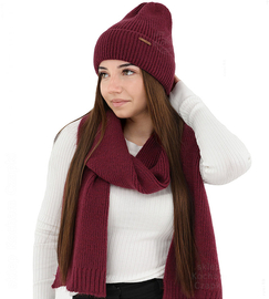 Komplet zimowy damski, czapka i szalik, z wełną merino, Alyssa, bordowy, 56-60 cm