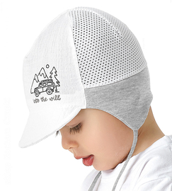 Czapka na lato dla niemowlaka, muślinowa z siateczką i daszkiem, biały + szary, Ryoko, 43-45 cm