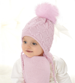 Czapka i szalik dla dziewczynki, zimowy komplet z perełkami, Marima, róż brudny jasny, 44-46 cm