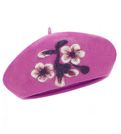 Beret damski zimowy, wełniany z aplikacją, Giliana, różowy, 56-58 cm