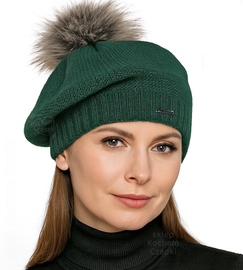 Beret damski, zimowy, z wełną merino, Nobbie, zielony, 55-58 cm
