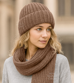 Komplet czapka i szalik, merino 100%, Porshia, kakaowy, 55-56 cm