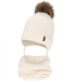 Czapka i komin dla chłopca, z wełną merino, Gonzo, kremowy (11) , 44-46 cm