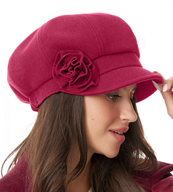 Kaszkiet damski, beret z daszkiem, zimowy, Granja, malinowy, 56-58 cm