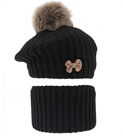 Beret zimowy i komin dla dziewczynki, Lopezja, czarny, 48-51 cm