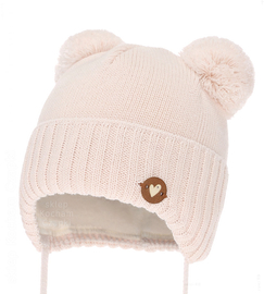 Czapka niemowlęca na zimę dla dziewczynki, merino, Semyna, kremowa, 38-40 cm