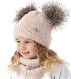 Czapka z dwoma pompoanmi i komin dla dziewczynki na zimę, Merlina, beżowy, 47-50 cm