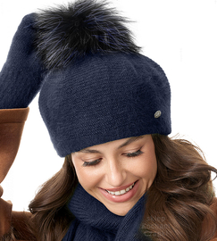 Beret damski z pomponem zimowy, angora, Dimmis, granatowy, 56-60 cm