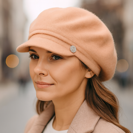 Kaszkiet damski zimowy, wełna/angora/wiskoza, Nassau, brzoskwiniowy, 55-58 cm