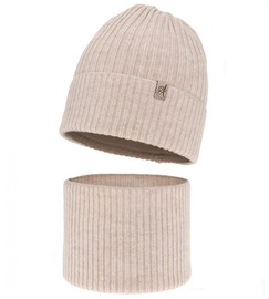 Czapka i komin dla dziewczynki, 100% merino, Temira, beżowy, 50-52 cm