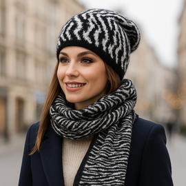 Komplet czapka i szalik damski w czarno-biały wzór tygrysi, Zerja, 55-58 cm