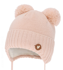 Czapka niemowlęca na zimę dla dziewczynki, merino, Semyna, morelowy, 38-40 cm