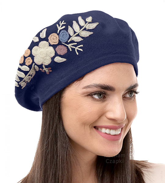 Beret damski zimowy, Tatila, wełniany, granatowy (v2),  56-58 cm