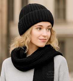 Komplet czapka i szalik, merino 100%, Porshia, czarny, 55-56 cm