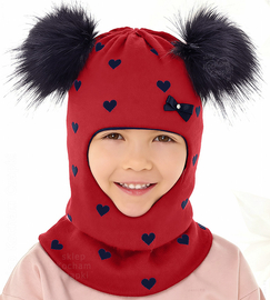 Kominiarka zimowa z dwoma pomponami dla dziewczynki, Gizelda, czerwona, 49-53 cm