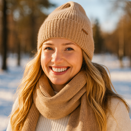 Komplet zimowy damski, czapka i szalik, z wełną merino, Alyssa, kamel, 56-60 cm
