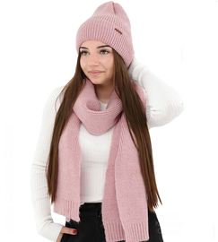 Komplet zimowy damski, czapka i szalik, z wełną merino, Alyssa, różowy, 56-60 cm