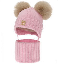 Czapka i komin dla dziewczynki, 100% merino, z polarem wełnianym, Norina, różowy, 42-45 cm