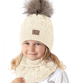 Czapka i komin dla dziewczynki, komplet zimowy, Entea, kremowy, 50-54 cm