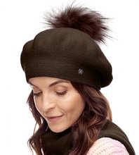 Beret damski zimowy z pomponem, wełniany, Keno, brązowy, 56-59 cm