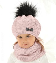 Czapka beret i komin na zimę dla dziewczynki, Zimba, brudny róż, 48-52 cm