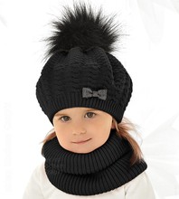 Czapka beret i komin na zimę dla dziewczynki, Zimba, czarny, 48-52 cm