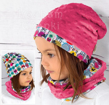 Komplet: czapka i komin dla dziewczynki, dwustronny, jesień/zima, Owieczki, rozm. 46-49 cm, różowy