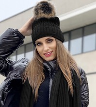 Komplet zimowy damski, czapka i szalik, wełna, Terossa, czarny, 54-56 cm
