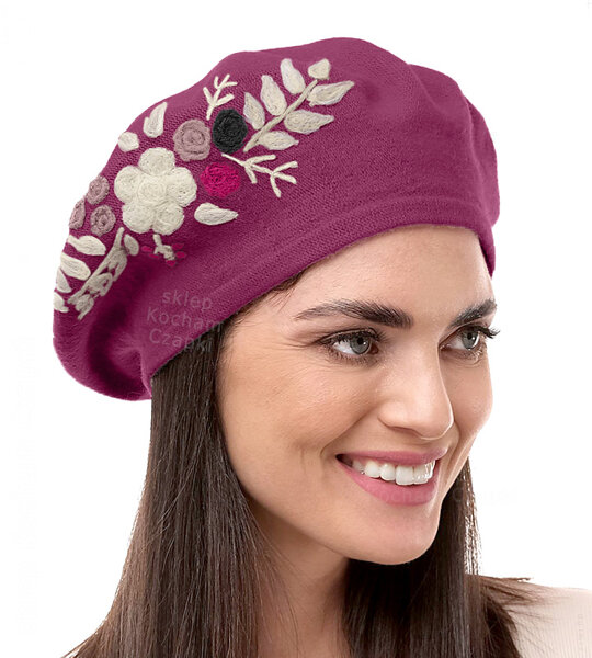 Beret damski zimowy, Tatila, wełniany, wrzosowy ciemny,  56-58 cm