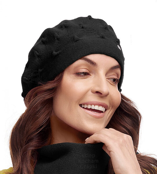 Beret damski zimowy, czapka pieczarka, wełna, Pashu, czarny, 55-57cm