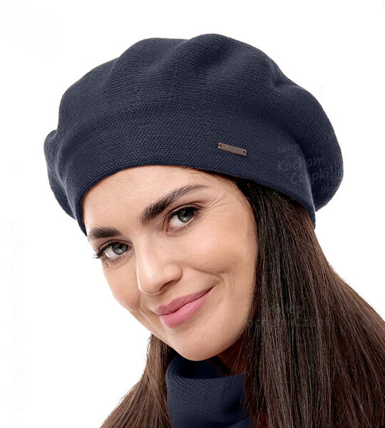 Beret damski zimowy, wełniany, Missira, granatowy, 56-59 cm