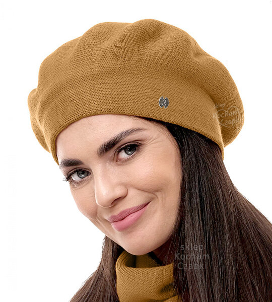 Beret damski zimowy, wełniany, Missira, musztardowy, 56-59 cm