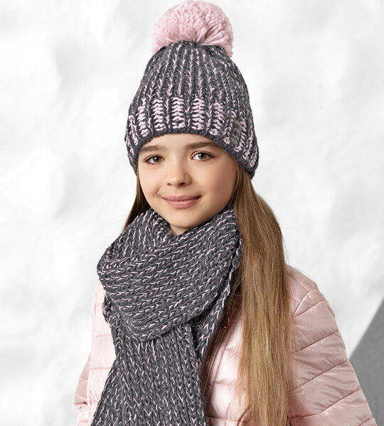 Ciepła czapka i szalik dla dziewczynki, podszyta polarem, szary + róż (2), 53-55 cm