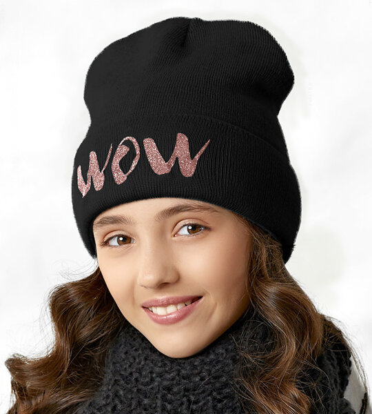 Czapka dziewczęca, beanie jesienno-zimowa, Wowana, czarna, 52-54 cm