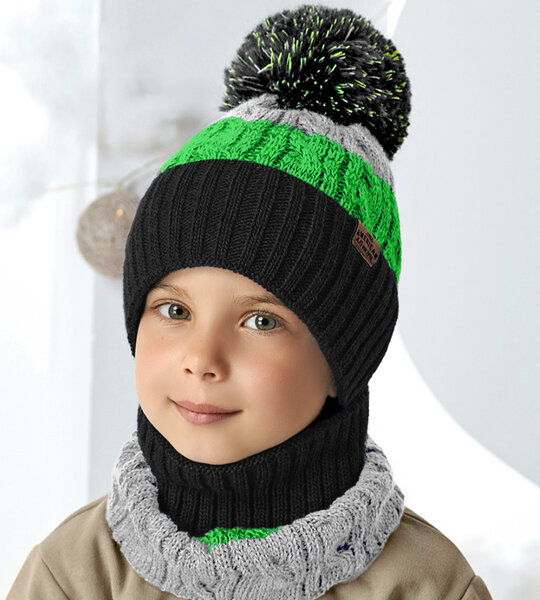 Czapka i komin dla chłopca, komplet na zimę, Acquaro, czarny + zielony, 49-52 cm