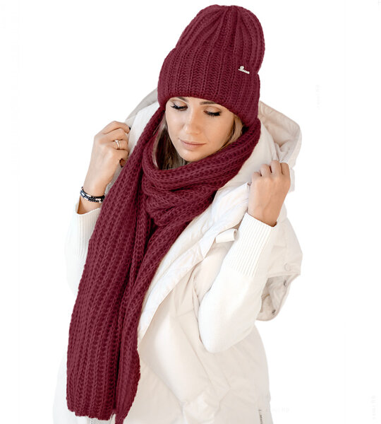 Czapka i szalik damski, modny komplet zimowy, Limda, bordowy, 56-59 cm