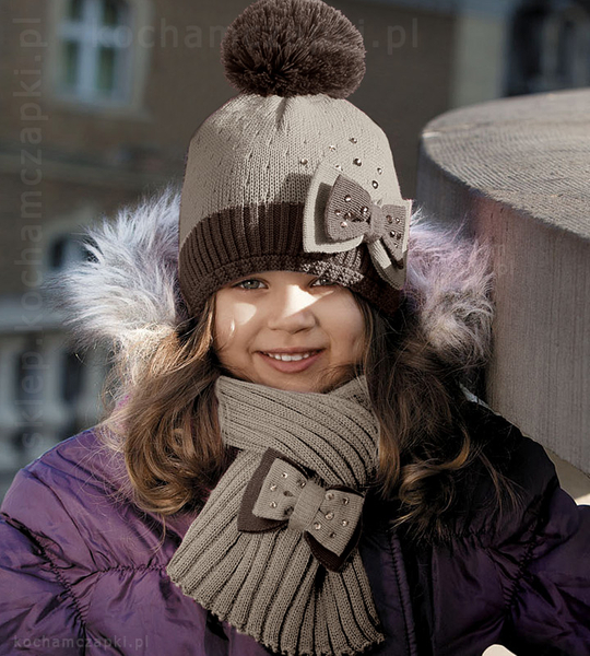 Czapka i szalik zimowy dla dziewczynki, merino, Alina, beż+brąz, 50-52  cm