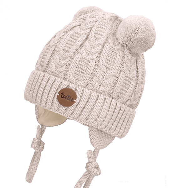 Czapka zimowa merino, wiązana, Lefiks, beżowa, 38-42 cm