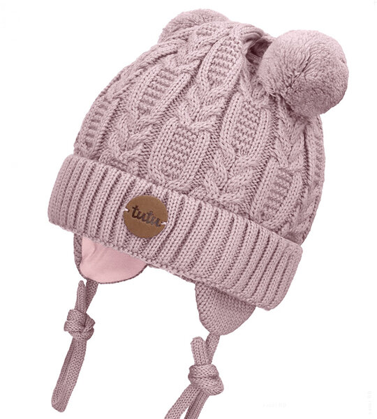 Czapka zimowa merino, wiązana, Lefiks, różowa, 38-42 cm