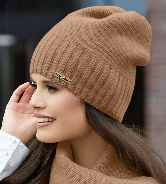 Ekskluzywna czapka zimowa damska, wełniana, Viveka, karmel, 54-56 cm