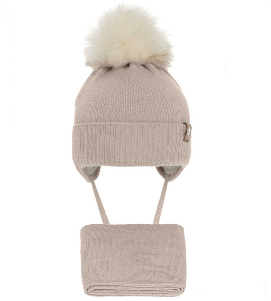 Komplet zimowy, czapka i szalik dla dziewczynki, beżowy, Iriaka, 40-42 cm