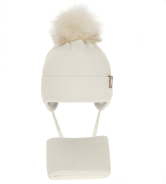 Komplet zimowy, czapka i szalik dla dziewczynki, kremowo-beżowy, Iriaka, 40-42 cm