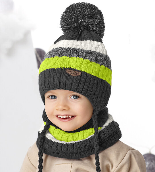 Komplet zimowy dla chłopca, czapka i komin, Ardal, grafit + limon, 50-54 cm